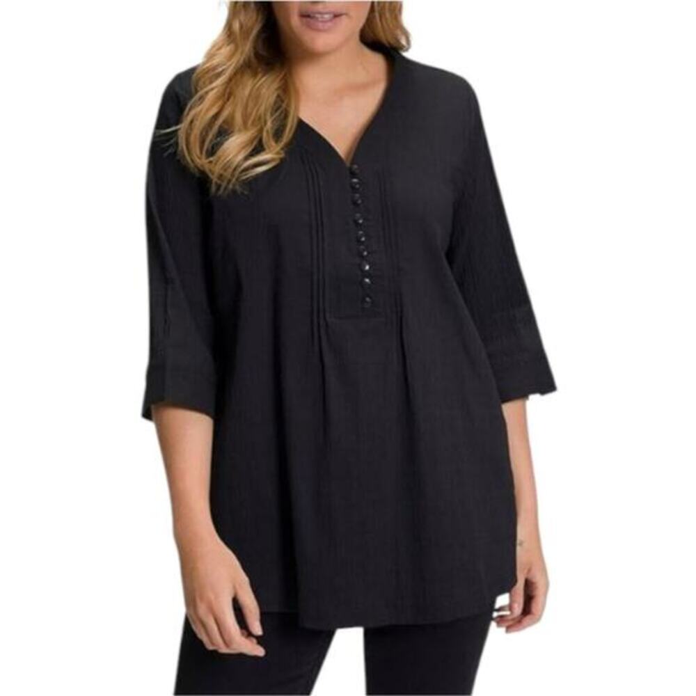 Ulla Popken Black Pintucked Tunic Length Women's Top Plus Size 24 26 4X